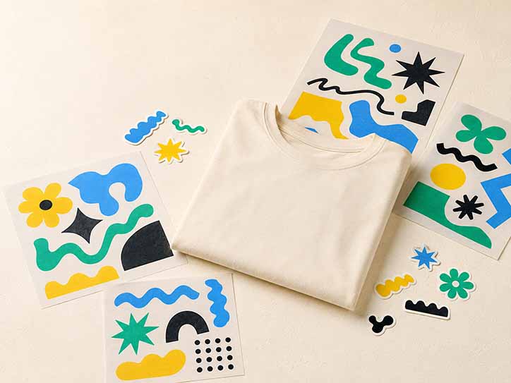 T-shirt crème entouré de transferts DTF colorés
